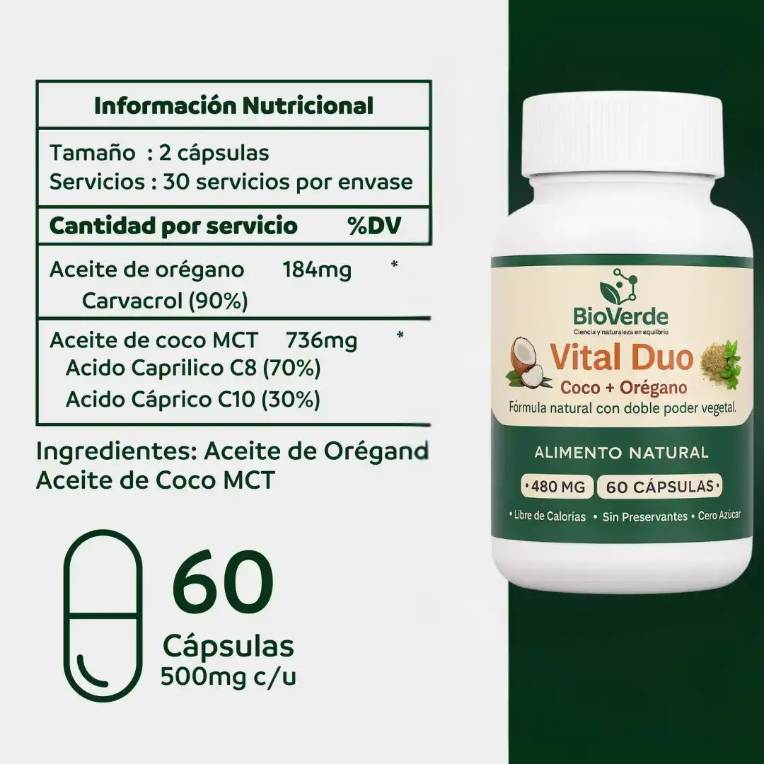 Vital Duo BioVerde – Aceite de Coco + Orégano en Cápsulas 🥥🌿 - HOUSKYCHILE