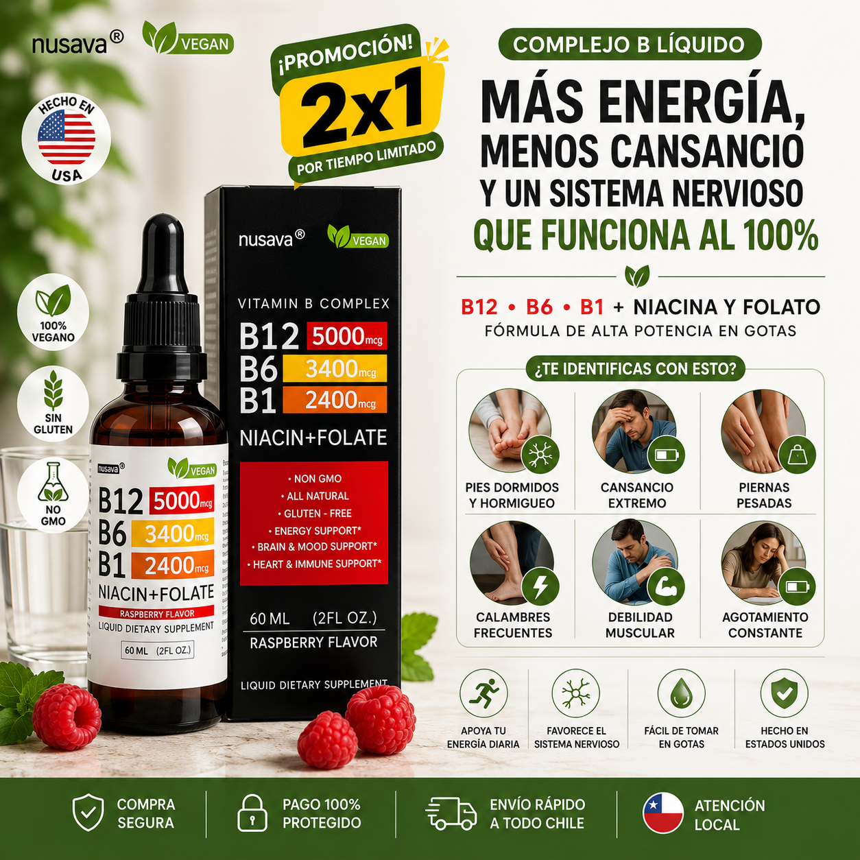 Nusava® Complejo B Líquido de Alta Potencia B12 • B6 • B1 + Niacina y Folato