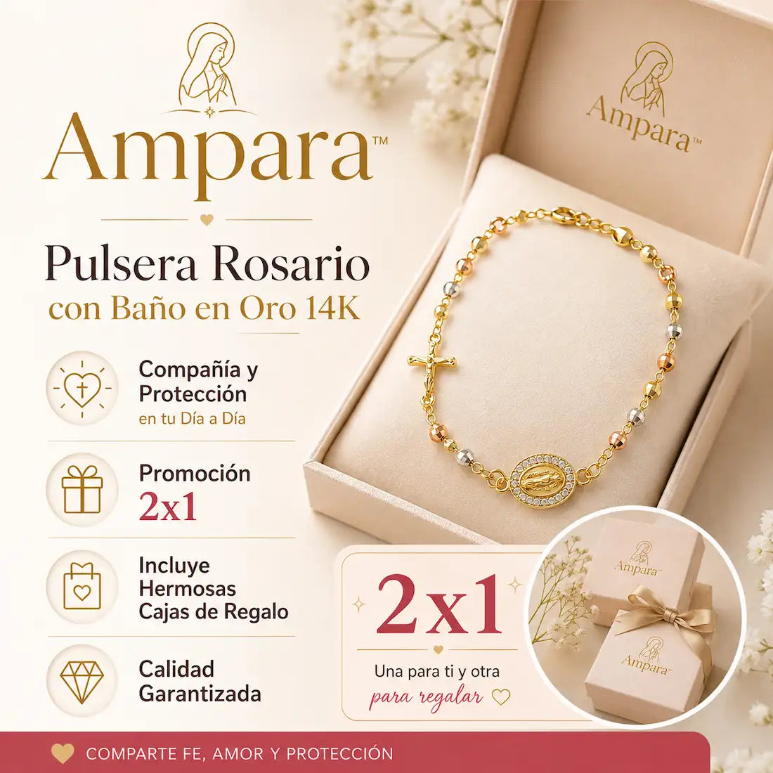 Ampara™ | Pulsera Rosario con Baño en Oro 14K (OFERTA 2X1)