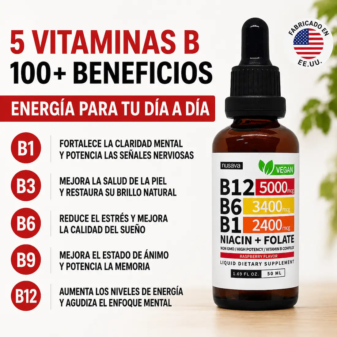 Nusava® Complejo B Líquido de Alta Potencia B12 • B6 • B1 + Niacina y Folato - HOUSKYCHILE