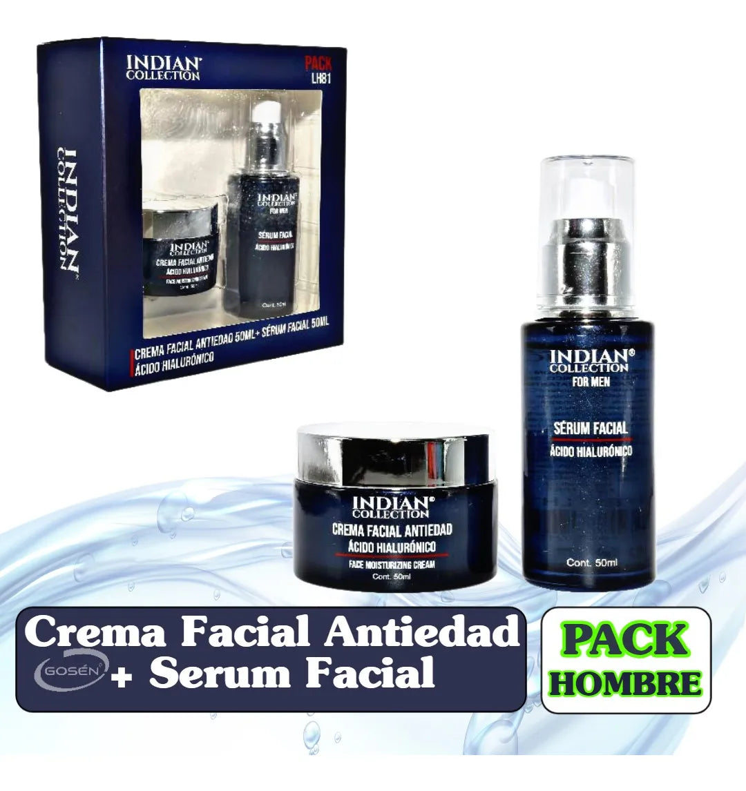 PACK ANTIEDAD PARA HOMBRE INDIAN COLLECTION – ÁCIDO HIALURÓNICO (SERUM + CREMA 50ML) - HOUSKYCHILE