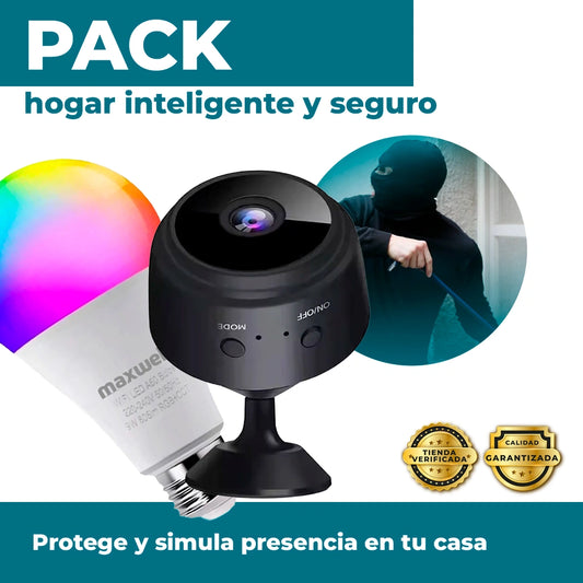 Pack Hogar Inteligente – Mini Cámara Espía 1080p con Visión Nocturna + Ampolleta LED WiFi RGB Maxwell E27 - HOUSKYCHILE
